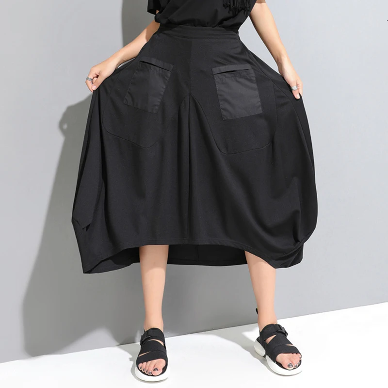 [EAM] New Spring Summer High Elastic Waist Black Pocket Split Joint Loose Irregular Half-body Skirt Women Fashion JW888
