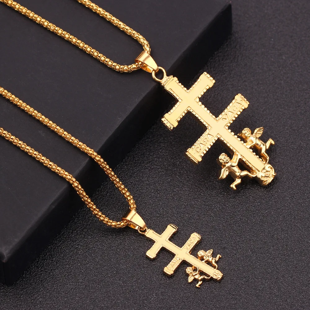 

ZXMJ Catholic Caravaca Crucifix Orthodox With Cherub Angel Necklace Pendant Russia Cross HipHop Gold Necklace For women Men Gift