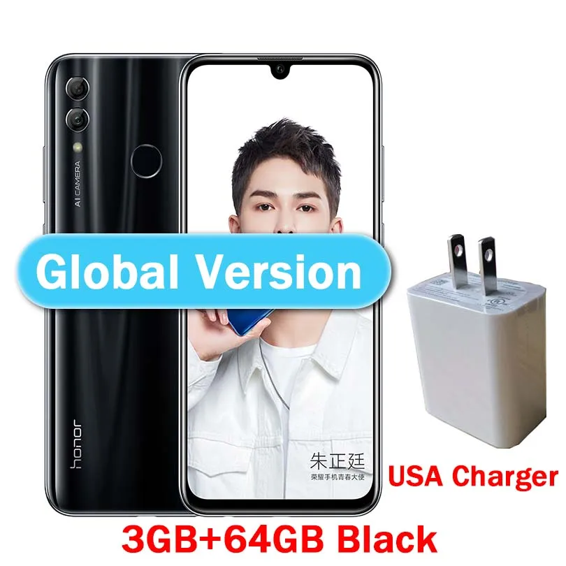 Global 3G 64G Black Honor 10 Lite, 4G, мобильный телефон, Android 9,0, 6,21 дюйма, FHD, 2340X1080, двойной шрифт, задняя камера 24 МП, AI камера, отпечаток пальца, 710, Восьмиядерный - Цвет: Global 3G 64G Black