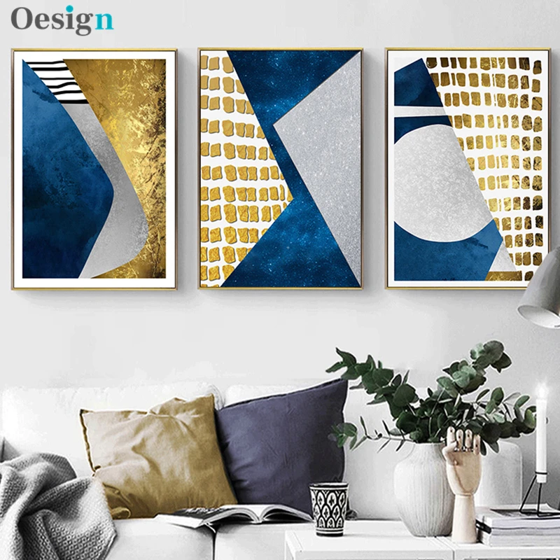

Geometric Blue Golden Canvas Posters and Prints Abstract Painting Nordic Style Wall Pictures for Living Room Modern Home Decor