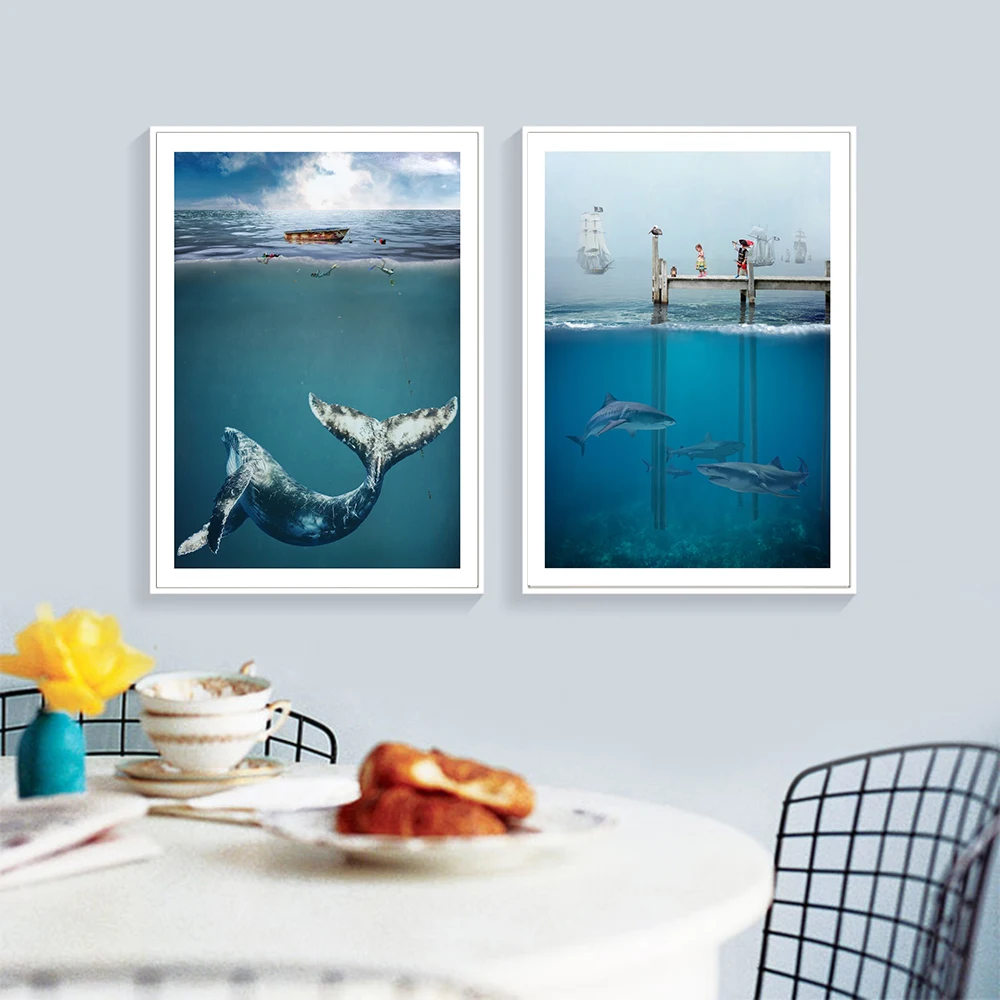Картина на холсте с изображением Кита голубое глубокое море Настенная картина