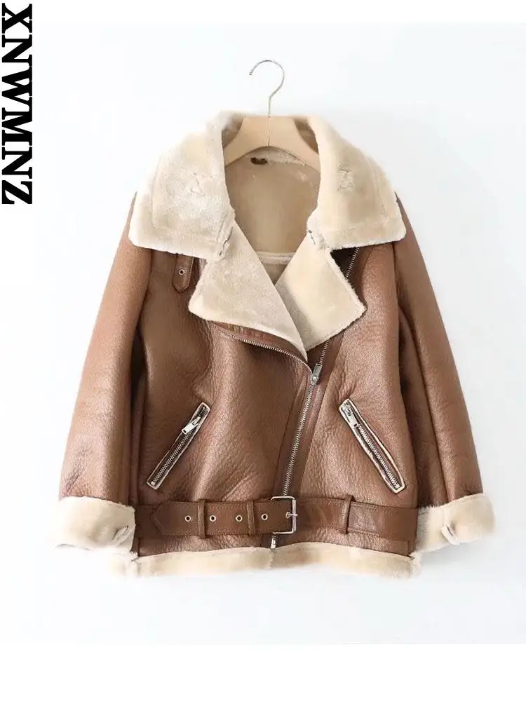 XNWMNZ 2021 Winter Coats Women Thick Faux Leather Fur Sheepskin Coat Female Fur Leather Jacket Aviator Jacket Casaco Feminino