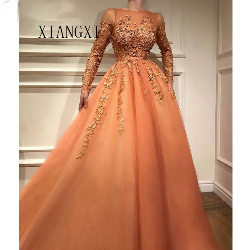 

Muslim Turkish Evening Dresses 2018 A-line Long Sleeves Tulle Appliques Beaded Dubai Saudi Arabic Long Elegant Evening Gown
