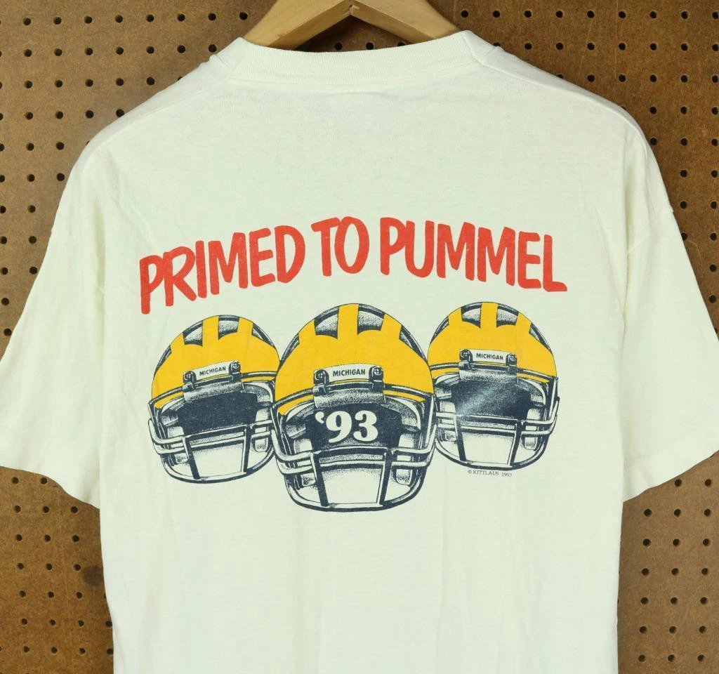Vtg 1993 Usa Made Primed To Pummel Michigan Wolverines футболист Футболка Xl 90'S мужская летняя футболка