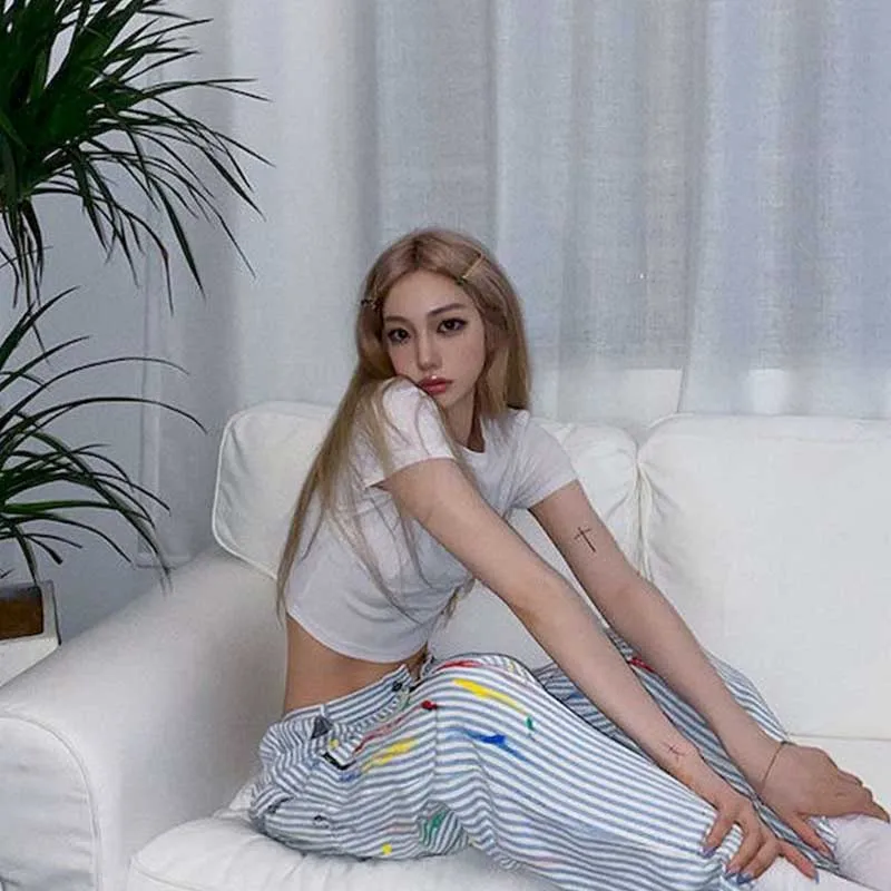 

New loose straight-leg pants original handmade ink vertical striped trousers white loose drape street casual pants loose 2020 tr