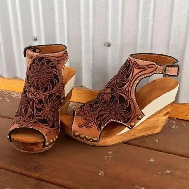 

2021Summer New Style Women Sandals Slope Heel Printing PU Leather Printing Sandals Fashion Women Shoes Versatile Hot Sale 6KF231