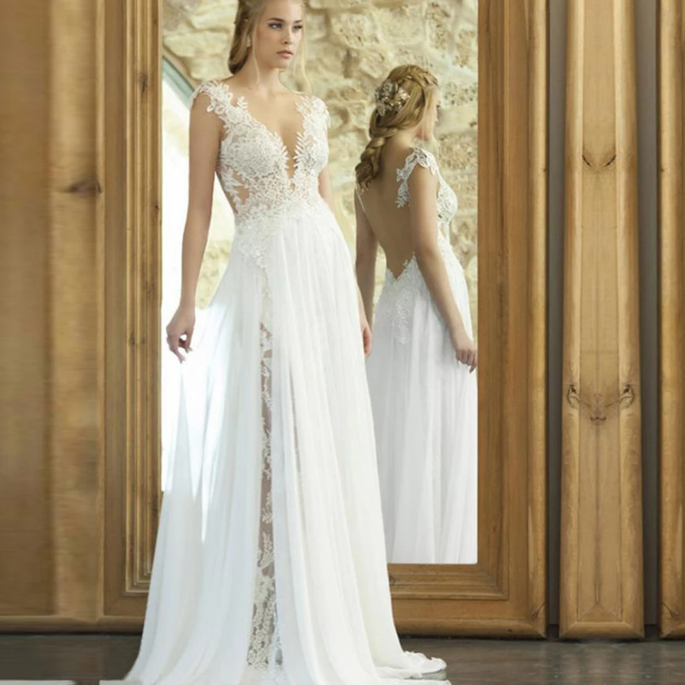

A-Line Sexy Chiffon Wedding Dress V-Neck Sleeveless Backless Lace Appliques Sweep Train 2021 Bride Gowns Vestido De Noiva