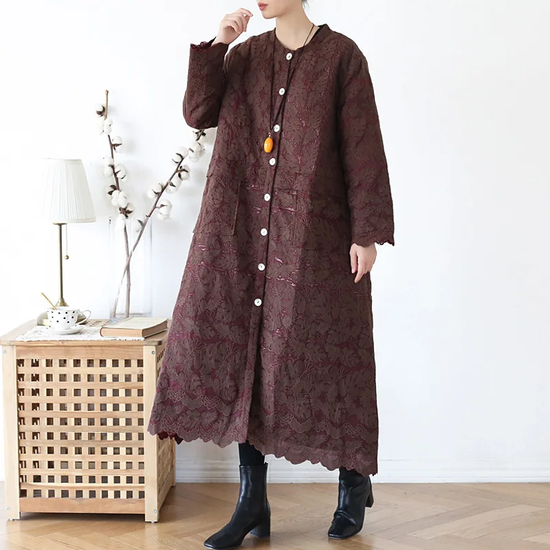 Женский Тренч с вышивкой ВИНТАЖНЫЕ пальто зима 2019 новинка круглый вырез длинный