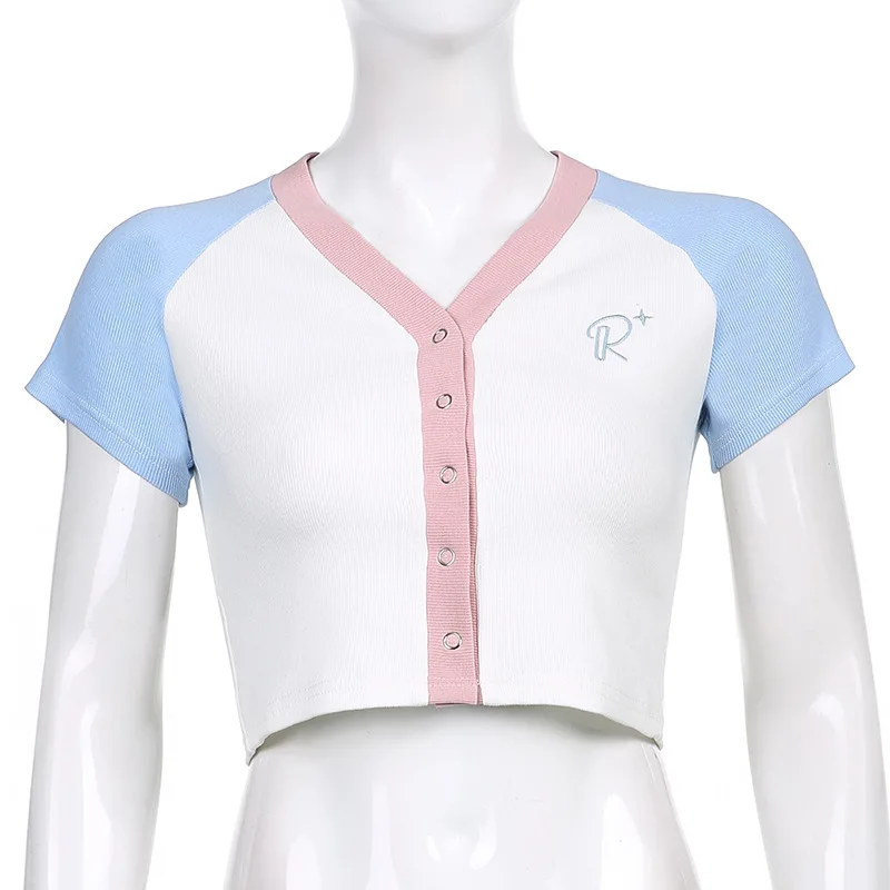 

2021 New Arrivals Summer Fashion Short Sleeve Single Breasted Patchwork High Street Women Tops Camis