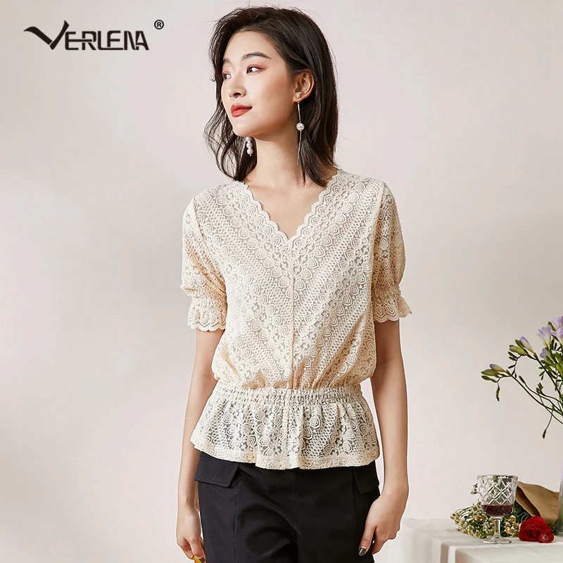 Verlena кружевные вышитые бежевые блузки женские тонкие эластичные ленты с оборками