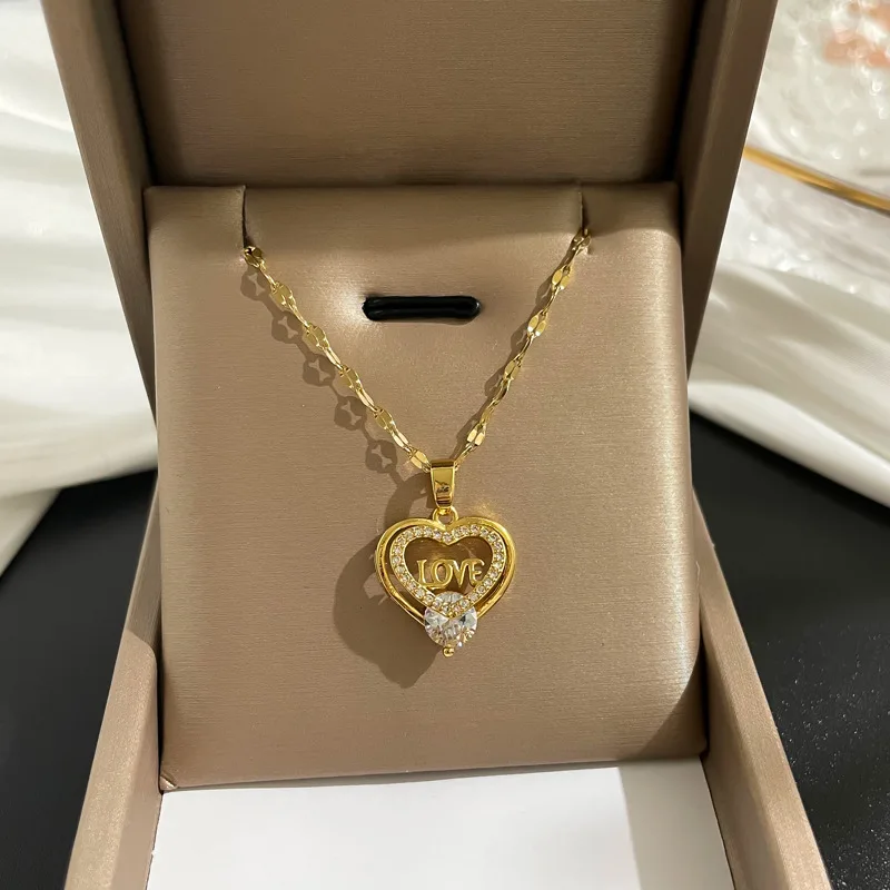 

14K Gold Plated Titanium Steel Double Heart Zircon Pendant Necklace Jewelry Romantic Letter Love Heart Clavicle Chain for Women