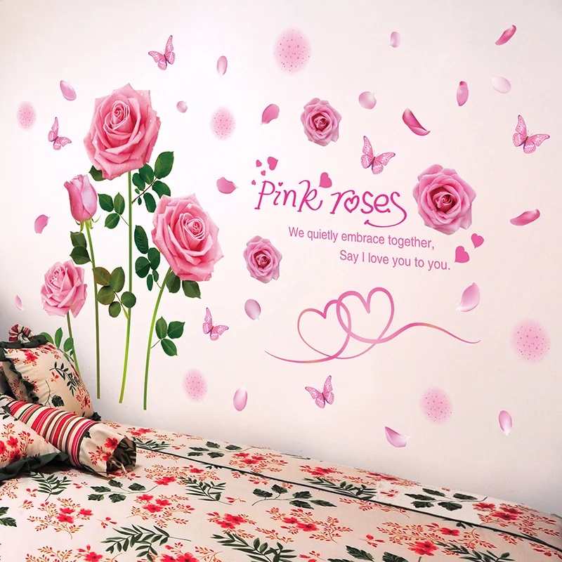 

[SHIJUEHEZI] Pink Color Roses Wall Stickers PVC Material Flower Wall Decals for Living Room Girls Bedroom Wedding Decoration