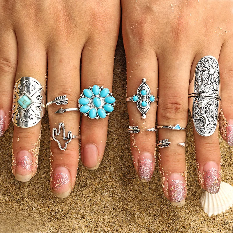 

New Turquoise Opening 9-Piece Set Ring Flower Cactus Triangle Arrow Tail Ring Index Finger Knuckle Ring Ring Luxury Ring Set