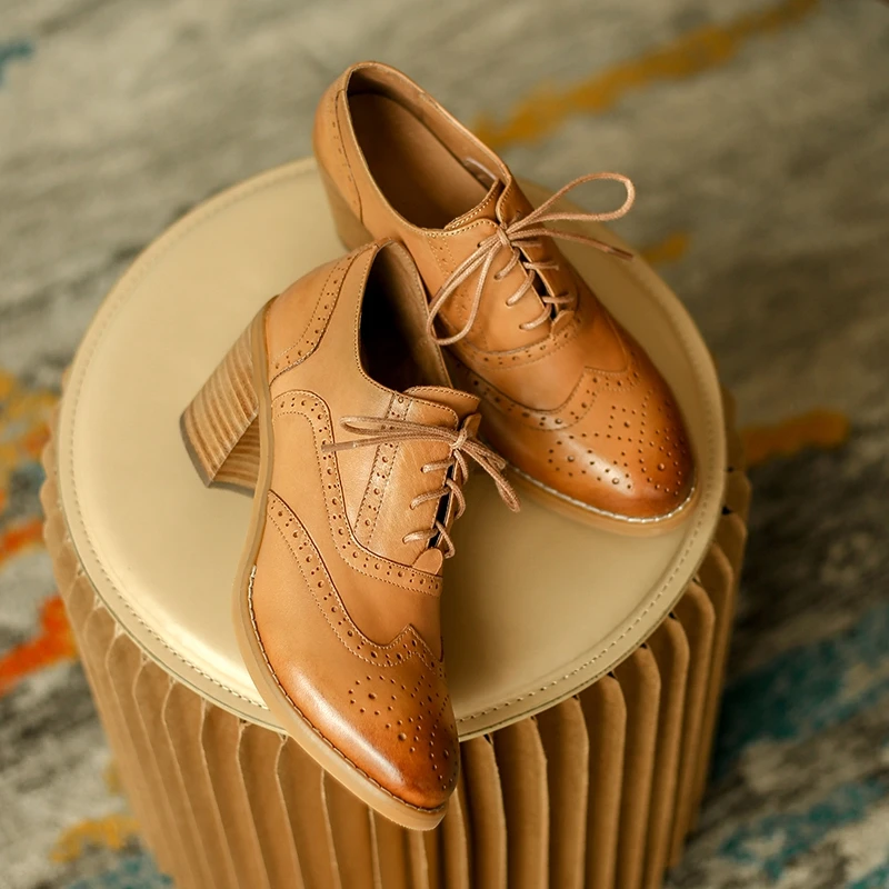 

Women's High Heels Oxford Shoes Woman Genuine Leather Sneakers Ladies Brogues Vintage Bullock Casual Shoes for Women Footwear