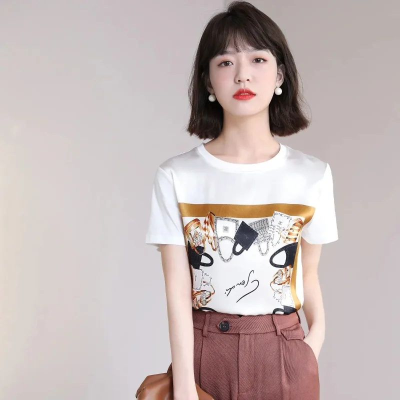 

T Shirt Women Print Harajuku Summer Tops Cotton and Silk Plain O Neck Short Sleeves Camisetas De Mujer Vetement Femme 2021