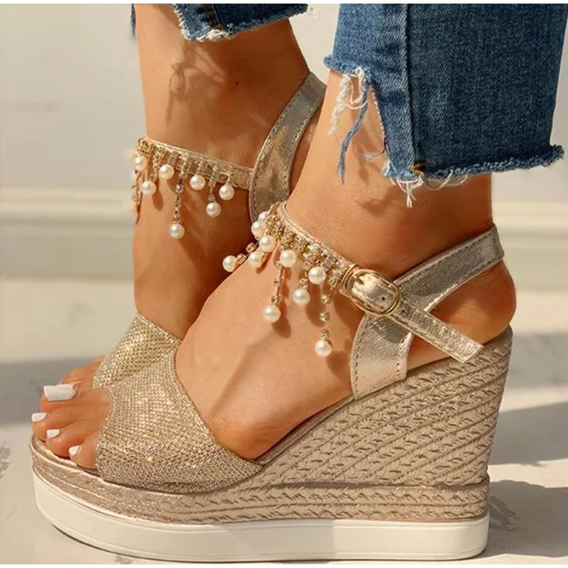 

2021 New Women Wedge Sandals Summer Bead Studded Detail Platform Sandals Buckle Strap Peep Toe Thick Bottom Casual Shoes RB147