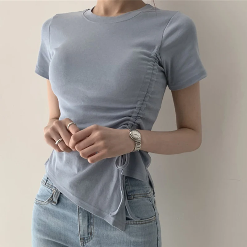 Асимметричные плиссированные с рюшами женские футболки завязками обтягивающие