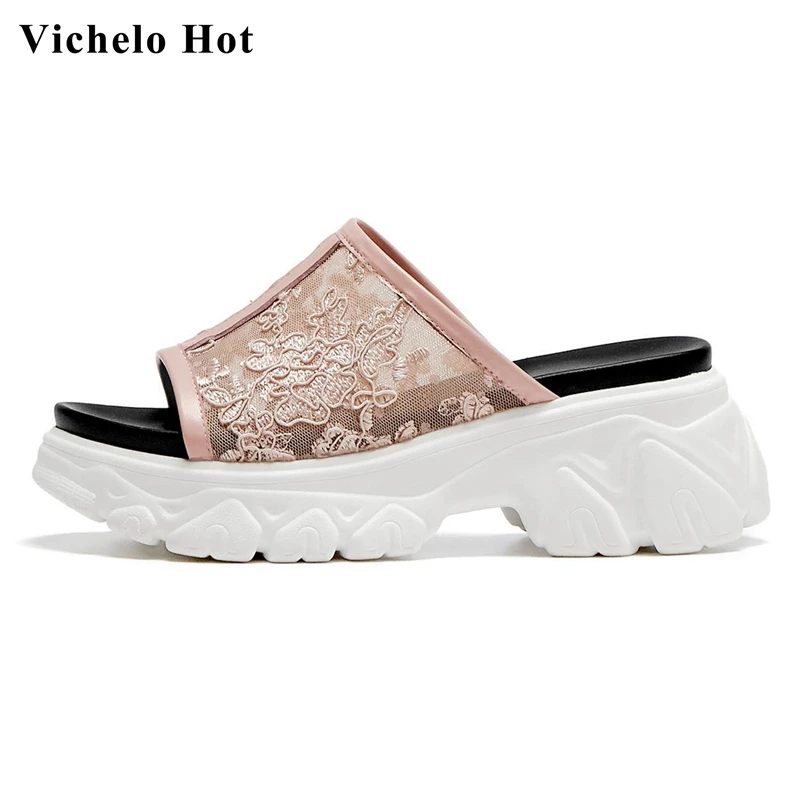 

Vichelo Hot 2020 new arrival air mesh sunscreen high heels peep toe mature lady sexy convenient slip on summer sandals women L29