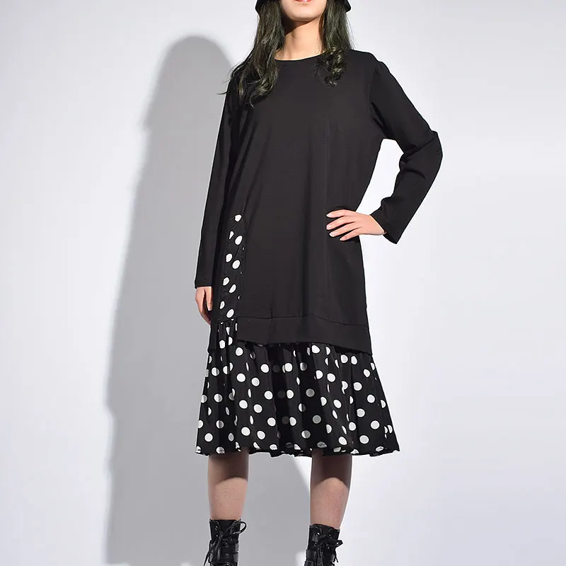 Женское платье в горошек XITAO черно-белое Корейском стиле с оборками длинными