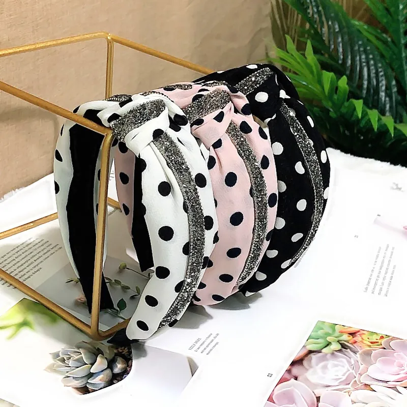 

New Polka Dots Rhinestone Headbands For Women Girls Handmade Wide Knot Cloth Hairbands Bezel Hair Hoop Hair Accessories Headwear