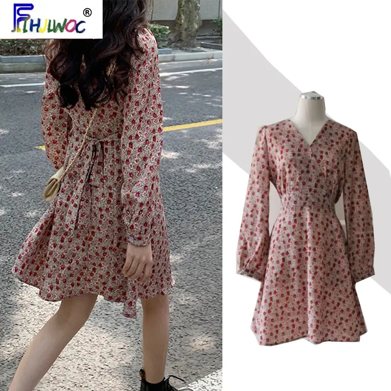 Женское платье мини с длинным рукавом и V образным вырезом|Женские платья| |