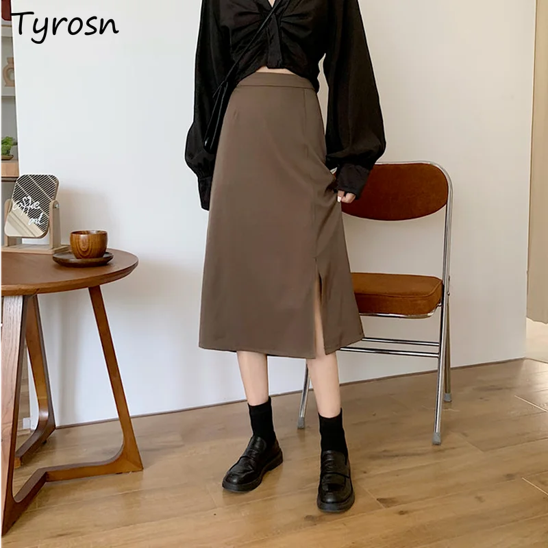 

Женская юбка до середины икры, элегантная однотонная элегантная дамская юбка с Боковым Разрезом и завышенной талией, винтажная простая пов...