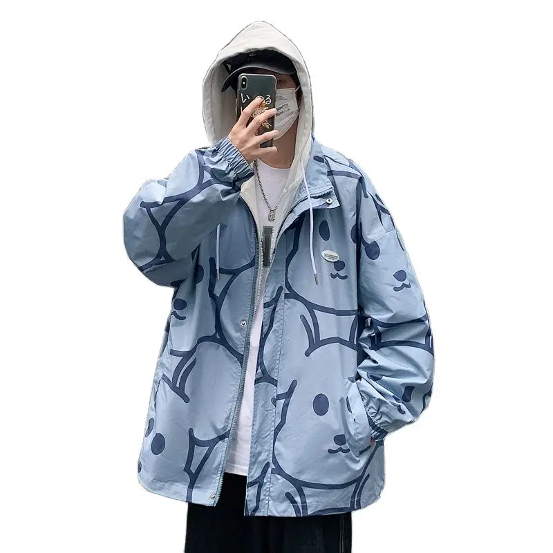 

Coat Men's Jacket Spring Autumn Pop Korean Vogue Windbreaker Tooling Hooded Men's Casual Print Clothes Jacket Men