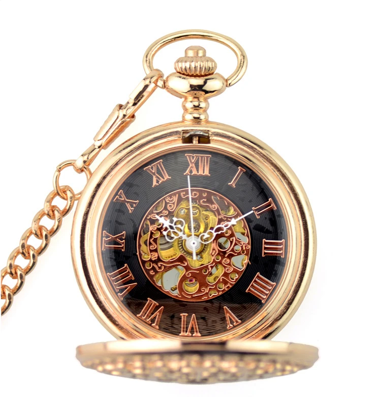 5pcs/lot Gold Mechanical Pocket Watch Exquisite Carving Double Case Vintage Necklace Pendant Steampunk Hand Wind Fob Chain |