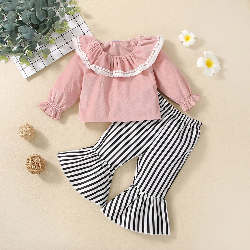 

Spring And Autumn Baby Girl Suit Striped Flared Pants Baby Collar Bubble Sleeves Are Suitable For Baby Girls Aged 3-24 Months