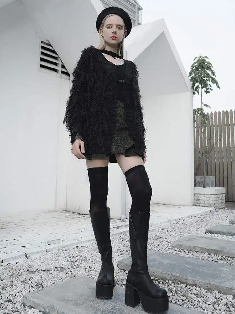 Панк Rave женская готическая Кнопка Fly пушистая куртка-кардиган PM-179KM | Женская