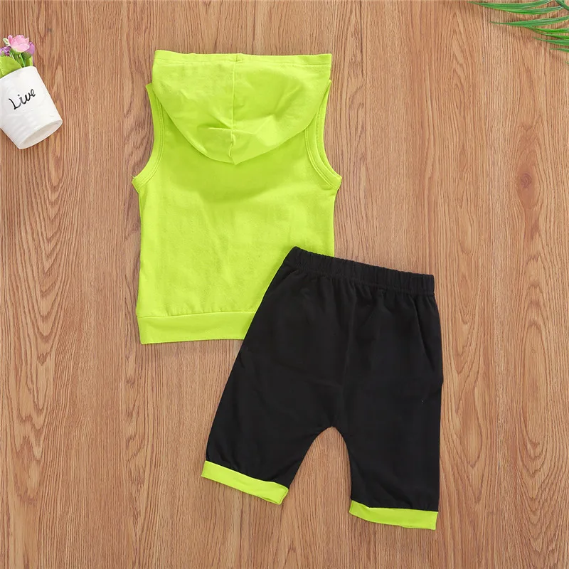 1-5Y Summer Kids Boy Tracksuits Fashion Sleeveless Hooded Tops Black Shorts 2Pcs Child Clothes Sets Active Wear Outfits |