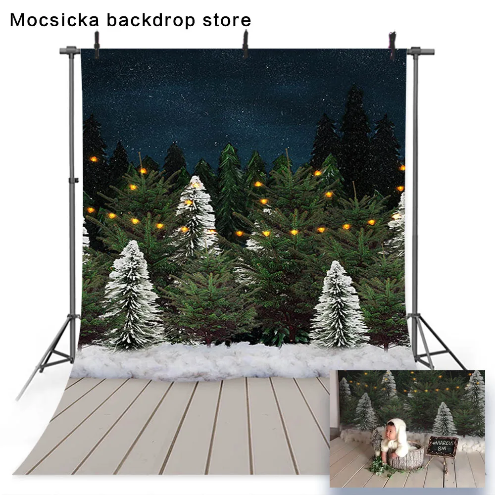 Рождественский фон для фотосъемки новорожденных с изображением соснового леса