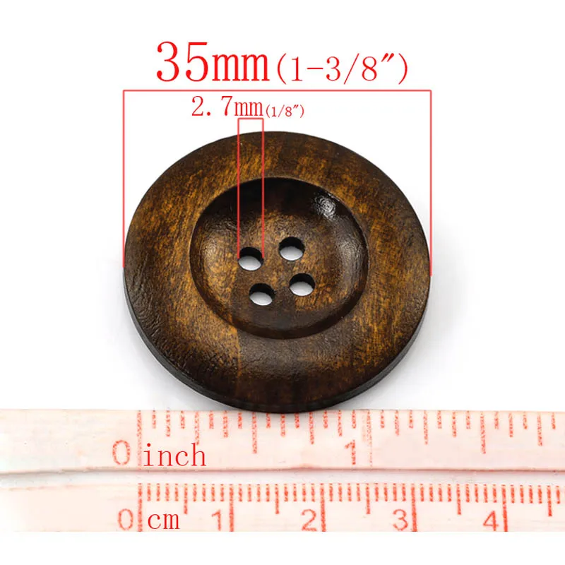 Круглые деревянные пуговицы темно кофейного цвета для одежды 4 отверстия 35 мм