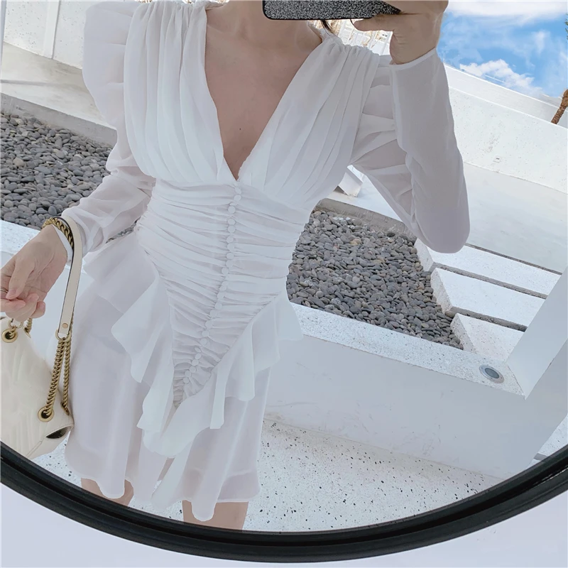 

DEAT Summer Patchwork Ruffle Dress For Women V Neck Puff Sleeve High Waist Dresses Female 2021 New Fashion Clothing ZA4076