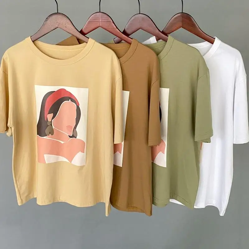 

Women Graphic Tees Summer Cotton T-shirts Women White Beige Short Sleeve Tops Korean Fashion Girls Tops 95% Cotton