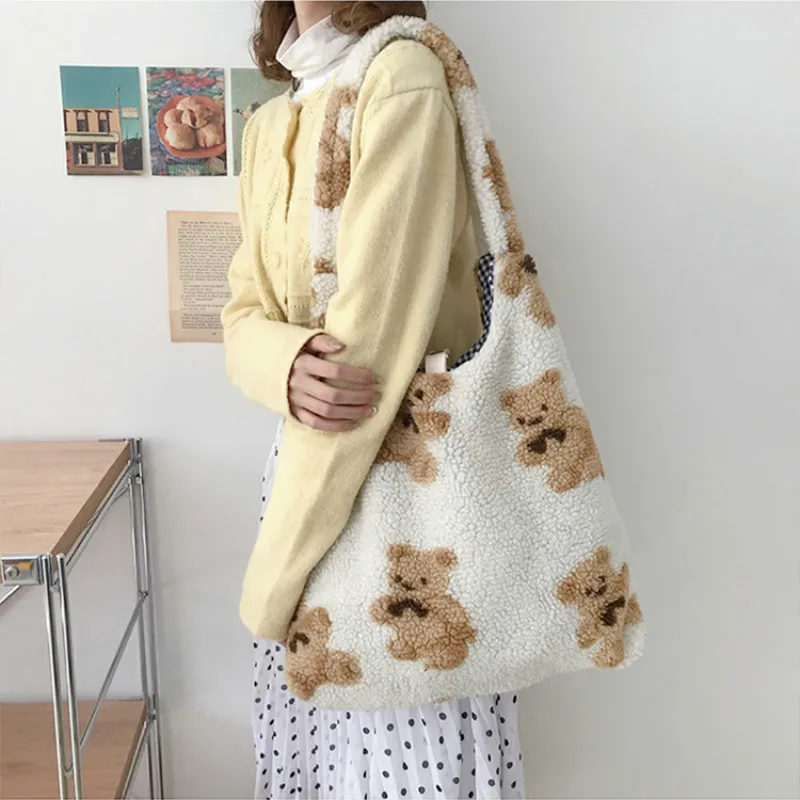 Women Lamb Like Fabric Shoulder Tote Bag Canvas Fluffy Fur Bear Handbags Large Capacity Soft Shopping Bags Girls Cute School Bag