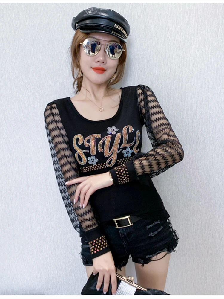 

Зимняя европейская одежда, хлопковая футболка, шикарные сексуальные блестящие Женские топы со стразами, лоскутные кружевные Футболки с дли...