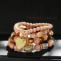 oiquei 4pcslot womens braceletsbangles boho vintage heart pendant natural stone beads wrap bracelets pulseira feminina