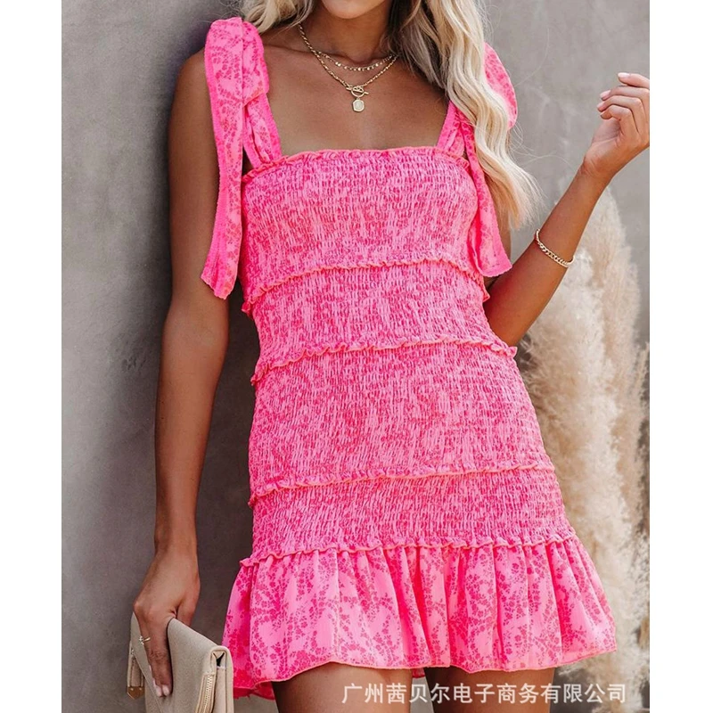 

WEPBEL Dress Summer Printed Pleated Lace-up Square Collar Backless Dress Women Spaghetti Strap Ruffles Slim Patchwork Dress