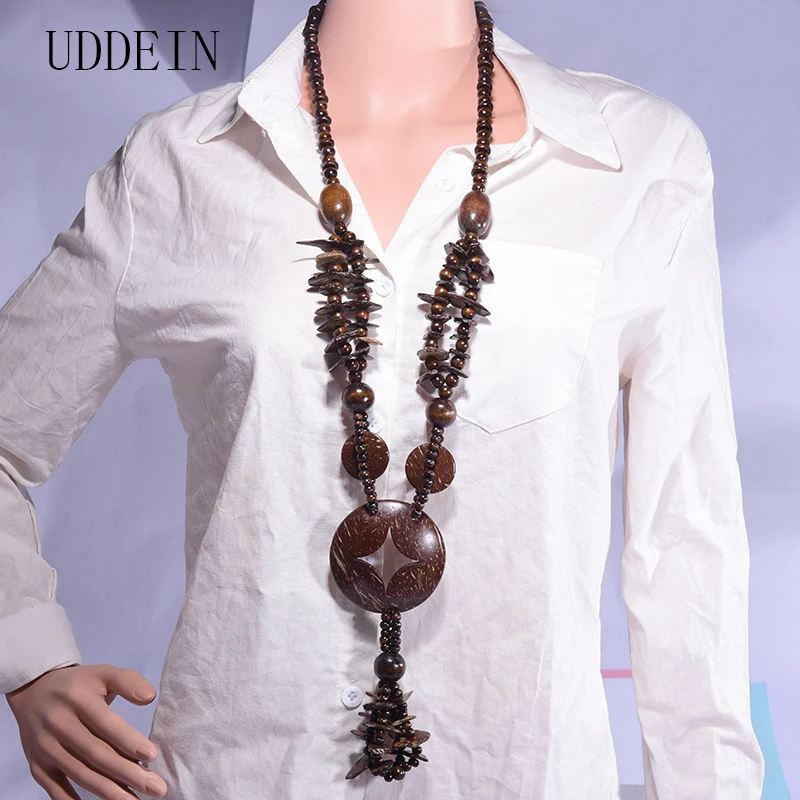 

UDDEIN Handmade Boho Ethnic Customs Big Round Tessel Pendant Wood Necklace Women Bohemian Sweater Chain Statement Long Collar