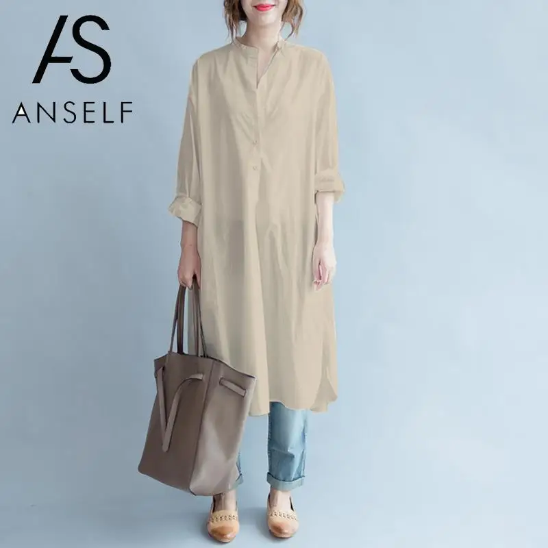 Женская свободная рубашка с карманами ANSELF однотонная блузка круглым вырезом и