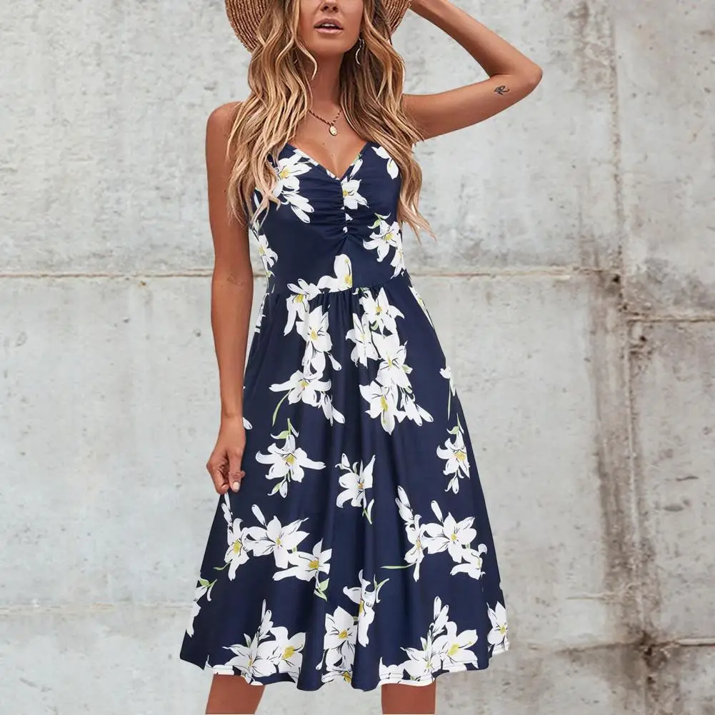 

Летнее женское платье-миди 2021, женское платье с цветочным принтом, на бретелях-спагетти, летнее платье с V-образным вырезом и широким подолом...