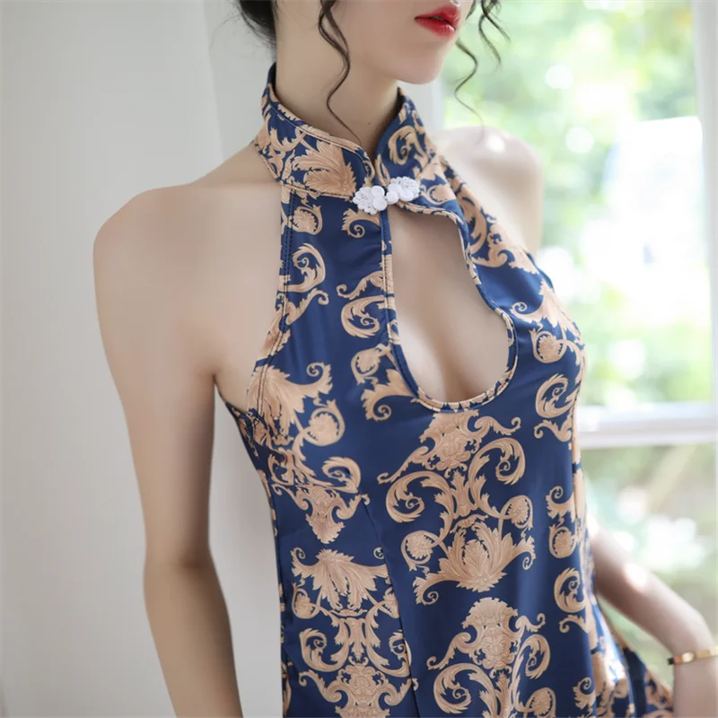 

Chinese Style Sexy Temptation Cheongsam Cosplay Uniform Lace Satin Nightgown Mini Dress Clubwear Hot Dress