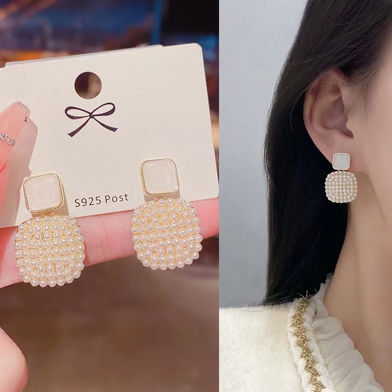 

2021 New Trendy Square Pearl Stud Earrings For Women Fashion Gold Color Pendant Earrings Girls Wedding Birthday Jewelry Gifts