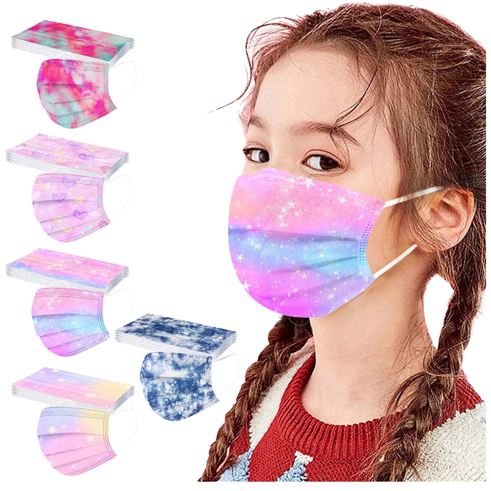 

50PC Child Kids Face Mask Disposable Tie Dyed Mask 3-Layer Breathable Dustproof Protection Mouth Cover Decoration