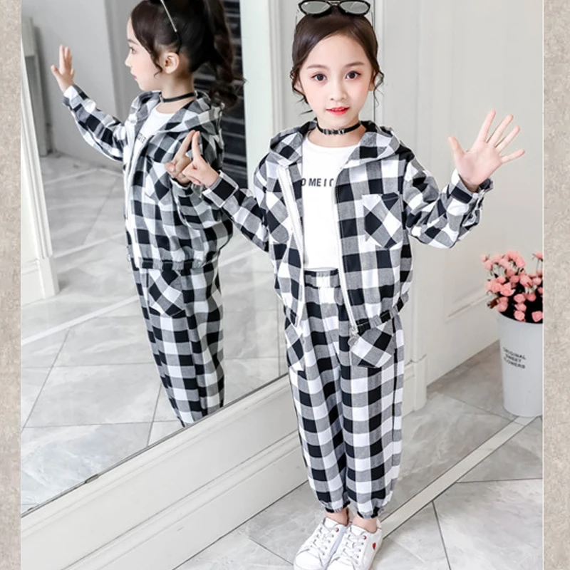 Одежда для девочек полосатая клетчатая куртка с капюшоном штаны 2 предмета