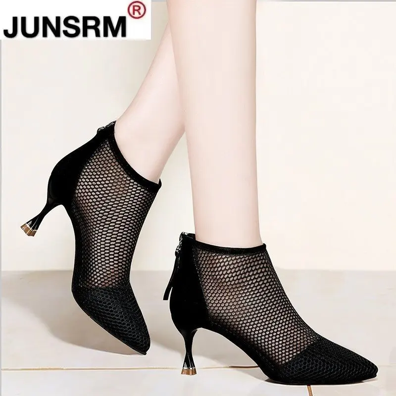 

2021 New Summer Women Sandals Fashion High Heels Pumps Breathable Mesh Pointy Toe Zip Short Ankle Pumps Sandals Zipper Women