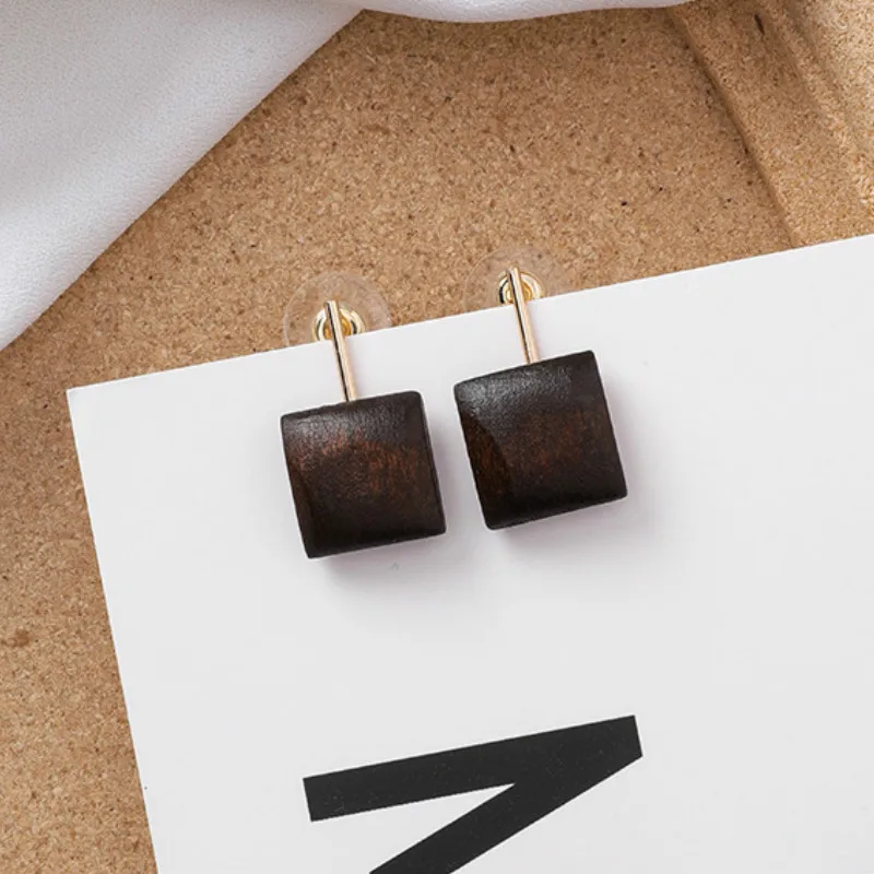 2019 Korean Simple Geometric Wood Handmade Small Stud Earrings for Women Literary Round Square Cute Charm Jewelry Gifts CEL059 | Украшения