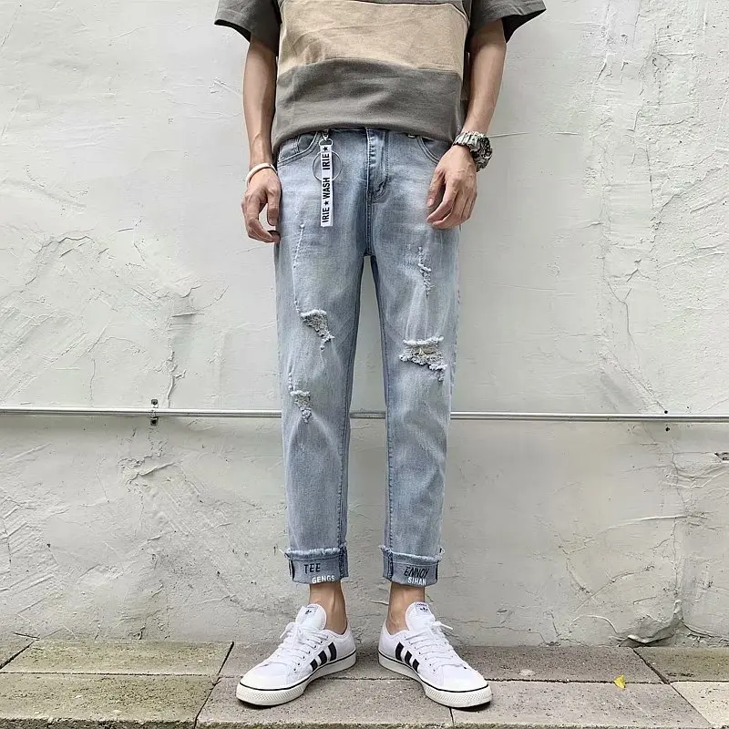 

Summer 2020 washing hip nop knee hole ripped denim jeans straight boys pants youth trendy Korean loose ankle length pants shaved