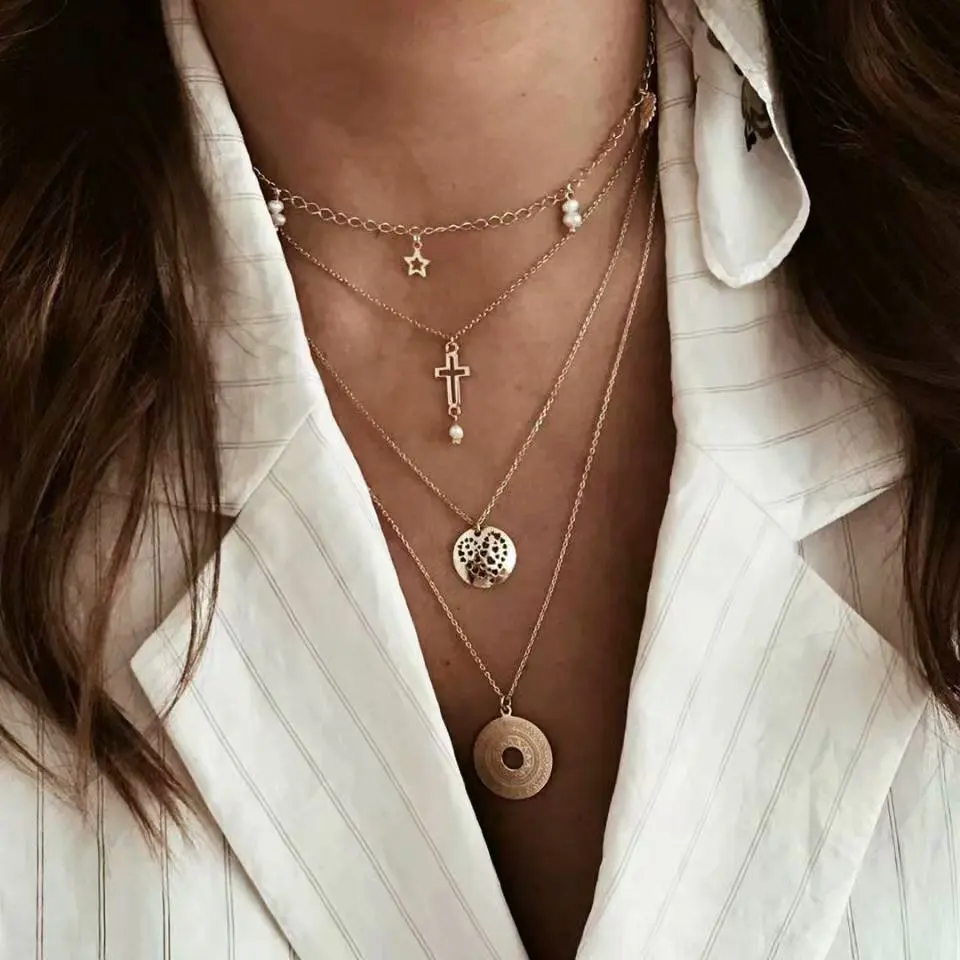 Новый Для женщин Золотой Цепочки и ожерелья s Boho Звезда Крест Сердце Круг жемчуг